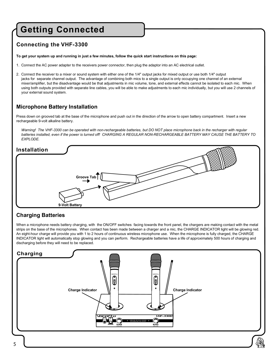 VocoPro owner manual Getting Connected, Connecting the VHF-3300, Microphone Battery Installation, Charging Batteries 