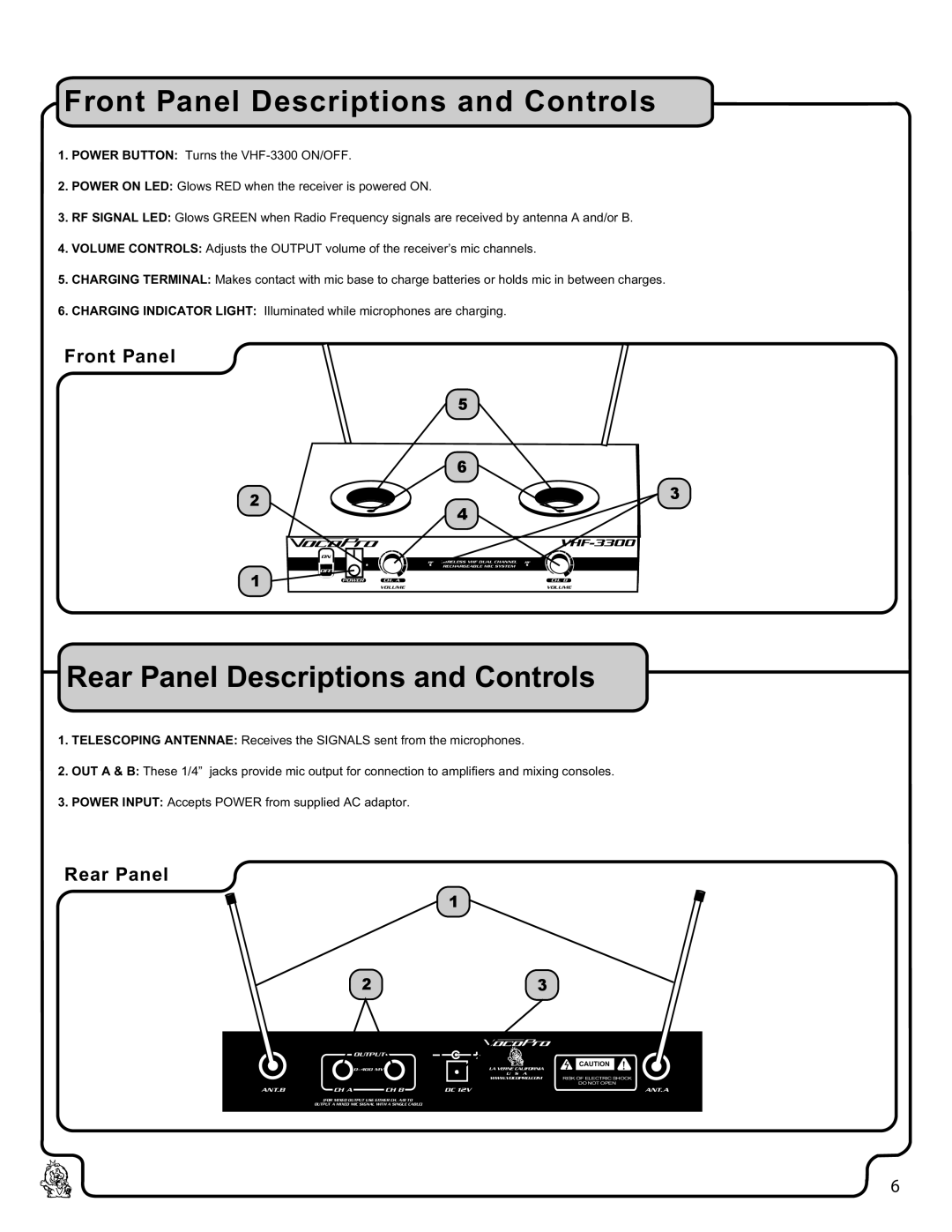 VocoPro VHF-3300 owner manual Front Panel Descriptions and Controls, Rear Panel Descriptions and Controls 