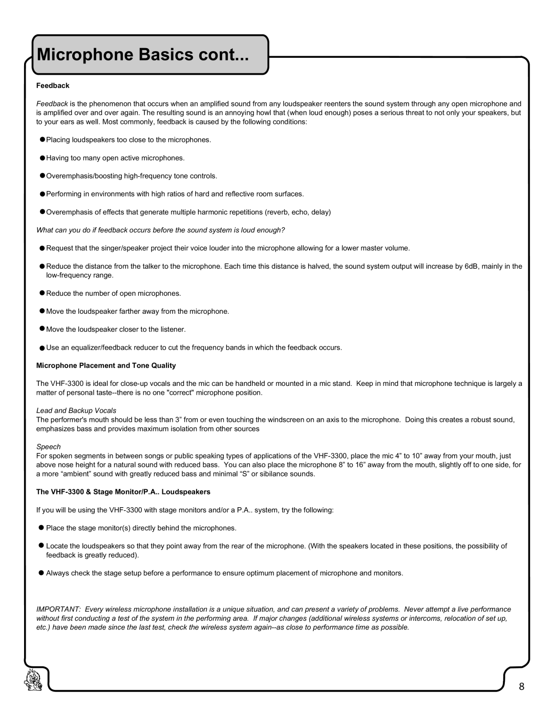 VocoPro owner manual Feedback, Microphone Placement and Tone Quality, VHF-3300 & Stage Monitor/P.A.. Loudspeakers 