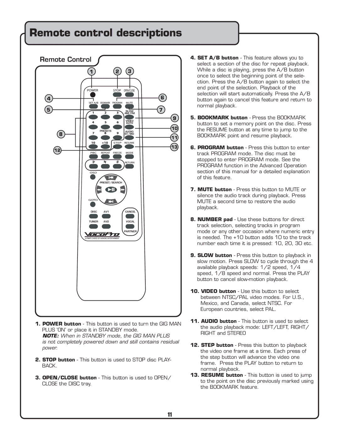 VocoPro Voco user guide portable speaker owner manual Remote control descriptions, Remote Control 