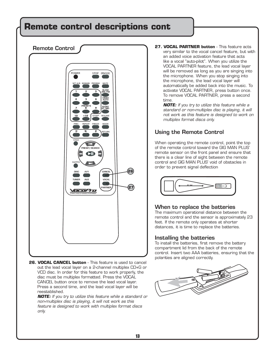 VocoPro Voco user guide portable speaker Using the Remote Control, When to replace the batteries, Installing the batteries 