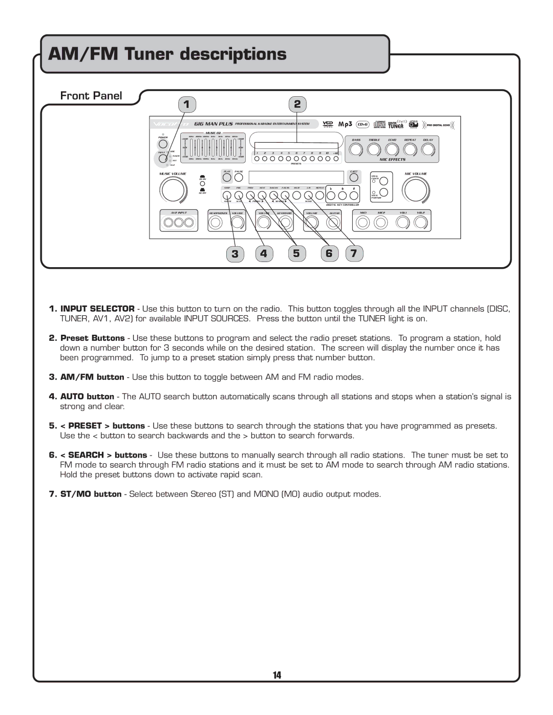 VocoPro Voco user guide portable speaker owner manual AM/FM Tuner descriptions 