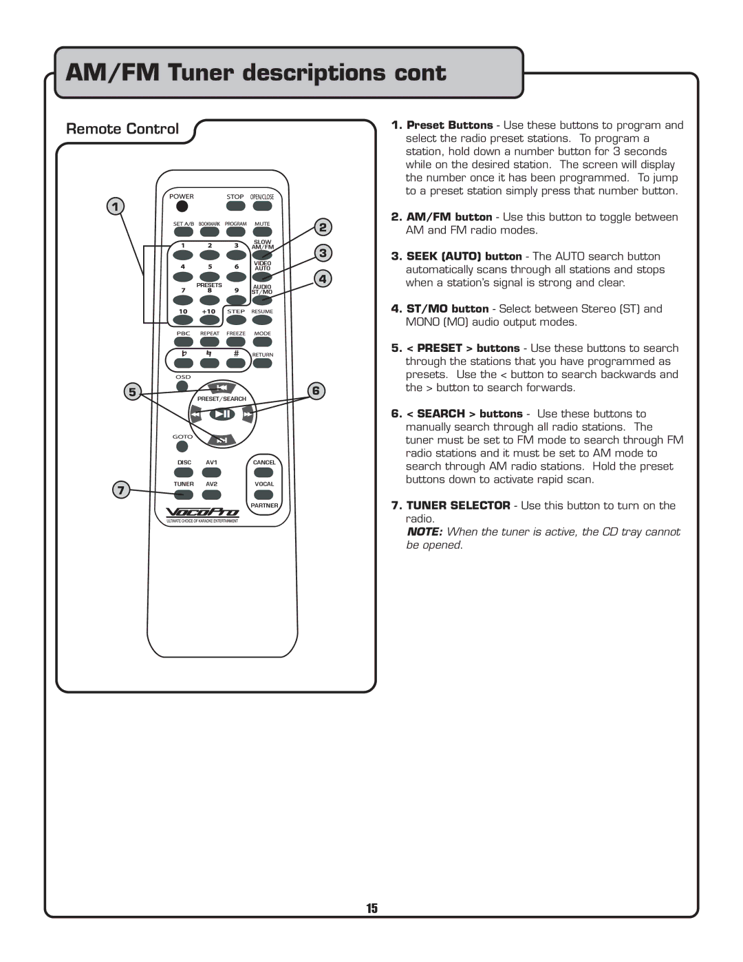 VocoPro Voco user guide portable speaker owner manual AM/FM Tuner descriptions 