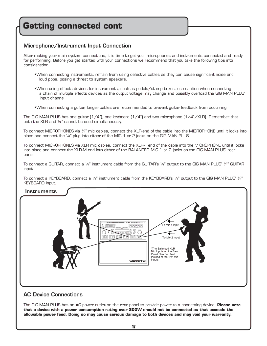 VocoPro Voco user guide portable speaker Microphone/Instrument Input Connection, Instruments, AC Device Connections 