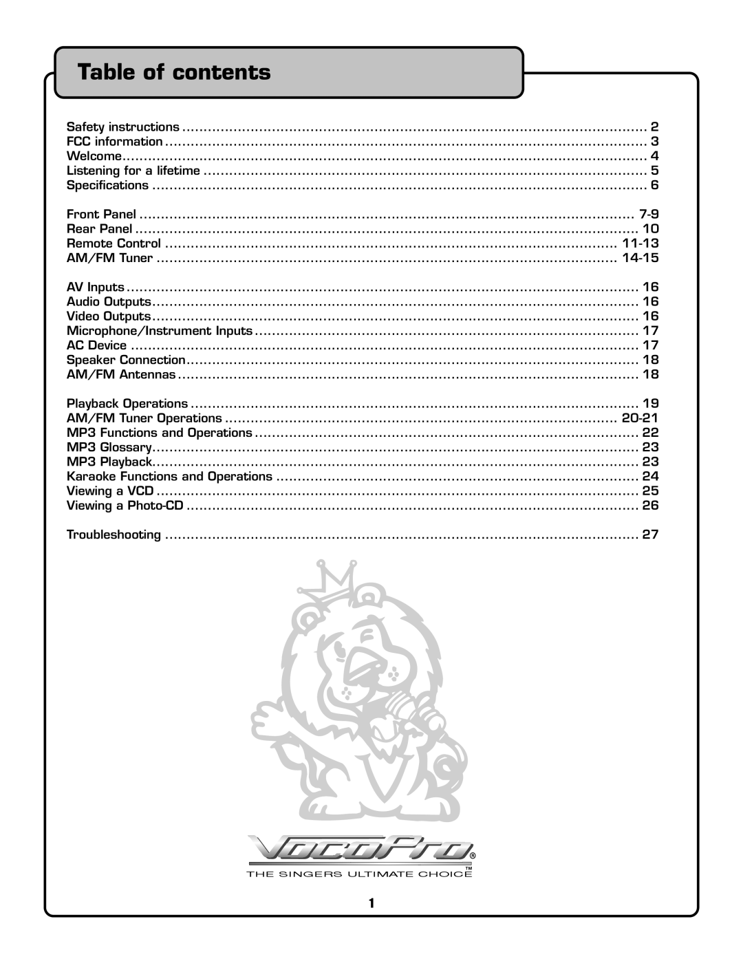 VocoPro Voco user guide portable speaker owner manual Table of contents 