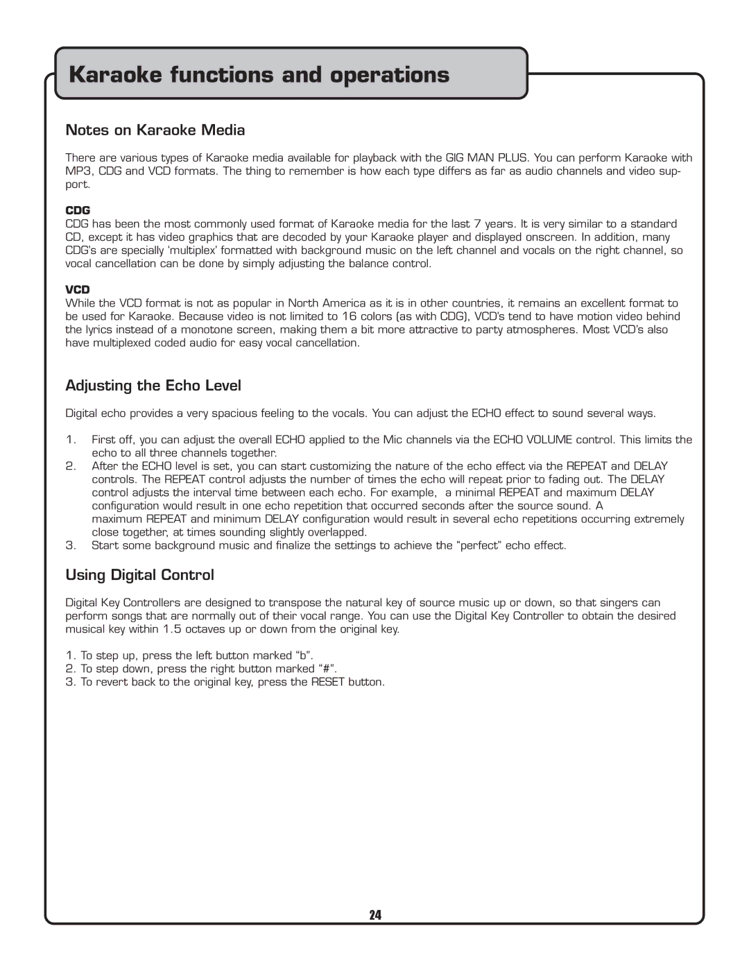 VocoPro Voco user guide portable speaker Karaoke functions and operations, Adjusting the Echo Level, Using Digital Control 
