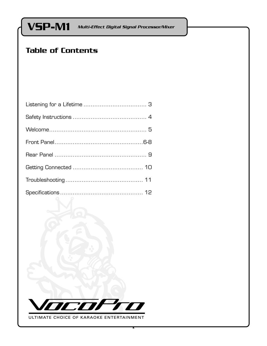 VocoPro VSP-M1 owner manual Table of Contents 