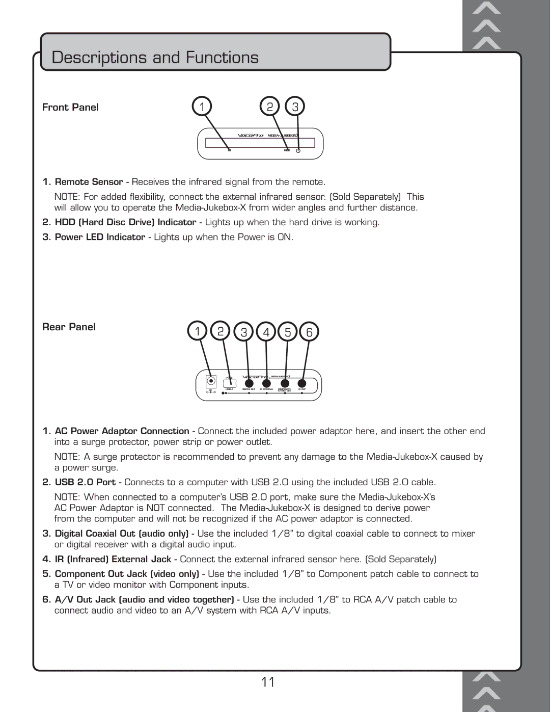 VocoPro x manual $ESCRIPTIONS and &UNCTIONS, Àœ˜ÌÊ*˜i, IÀÊ*˜i 