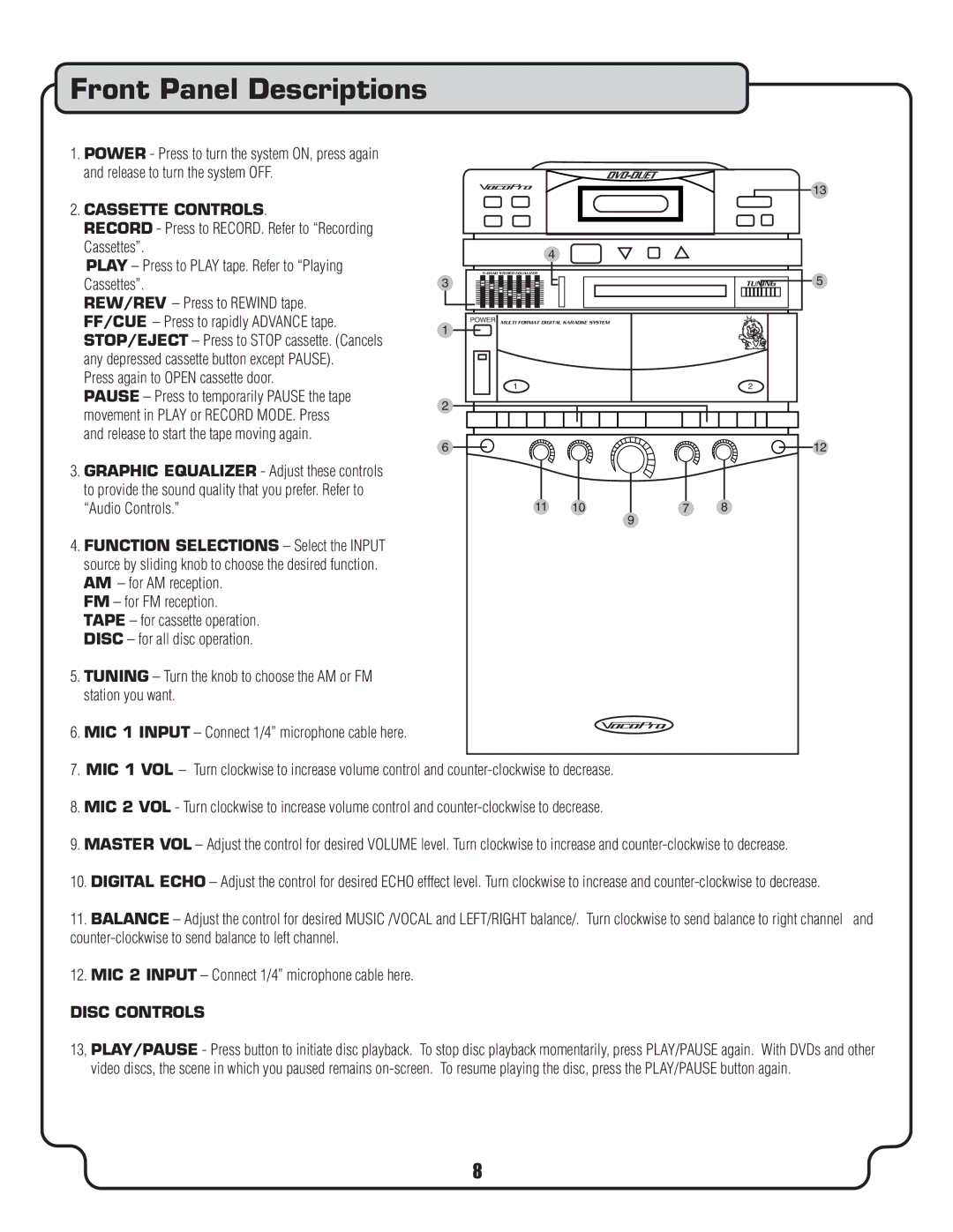 VocoPro DVD-Duet Multi Format Digital Karaoke System 5-Band Stereo Equalizer Tuning owner manual Front Panel Descriptions 