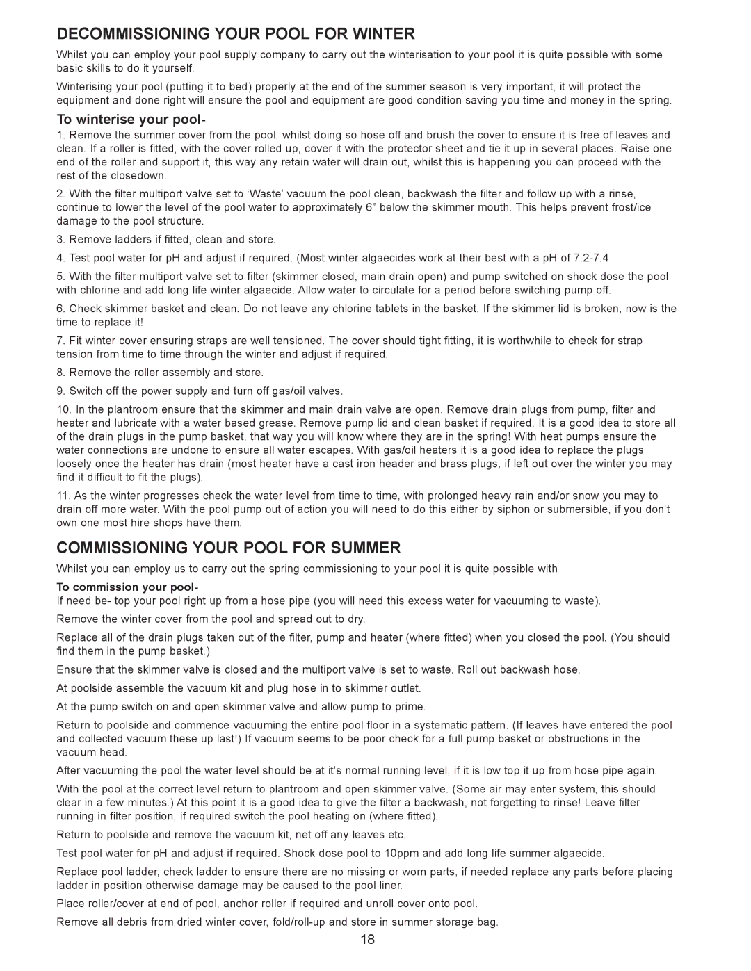 Vogue Industrial ABOVE GROUND SWIMMING POOL manual Decommissioning Your Pool for Winter, Commissioning Your Pool for Summer 
