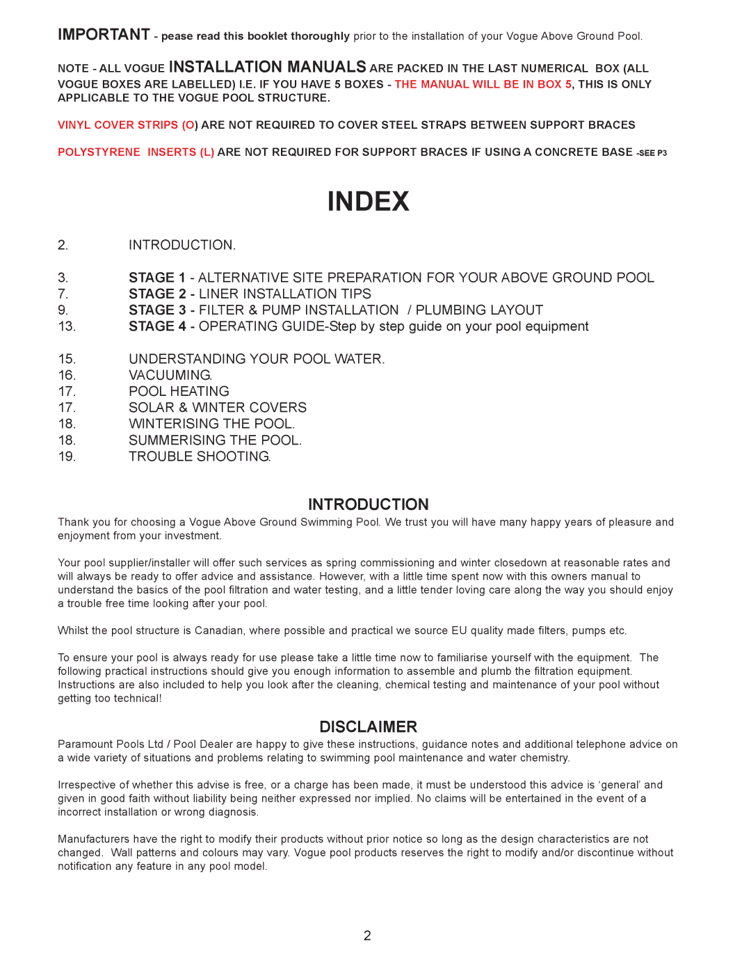 Vogue Industrial ABOVE GROUND SWIMMING POOL manual Introduction, Disclaimer 