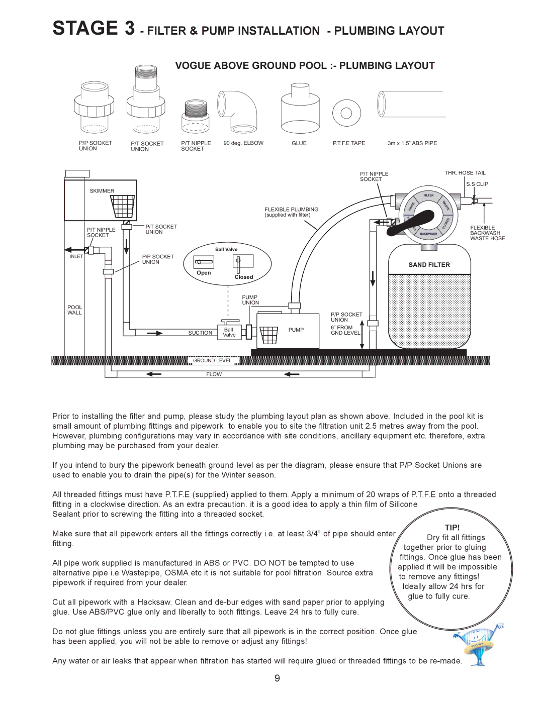 Vogue Industrial ABOVE GROUND SWIMMING POOL manual Stage 3 Filter & Pump Installation Plumbing Layout 