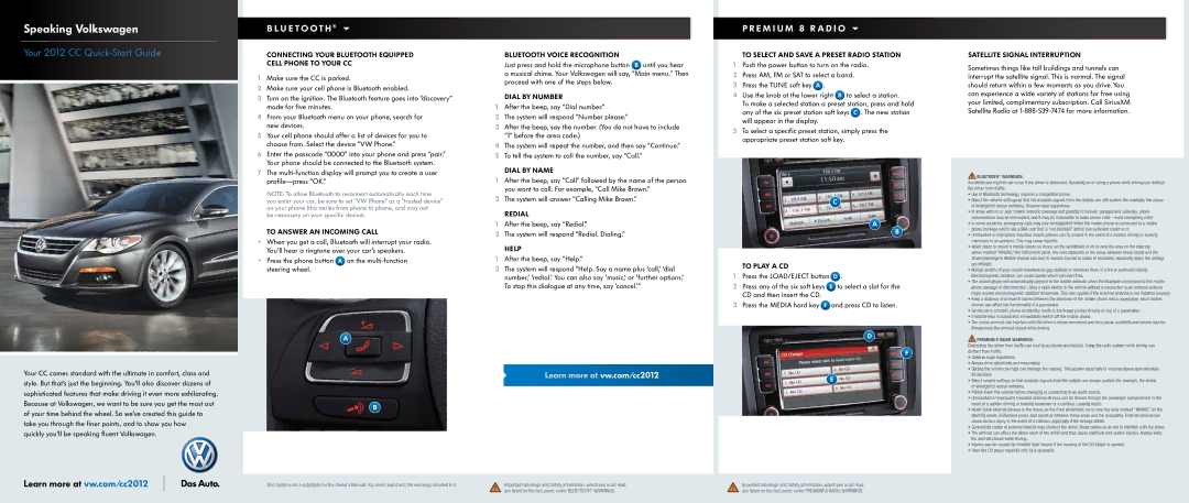 Volkswagen 2012 CC quick start Connecting Your Bluetooth Equipped Cell Phone to Your CC, To Answer AN Incoming Call, Help 