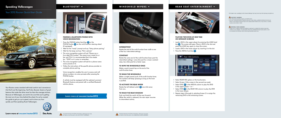 Volkswagen 2012 quick start N D S H I E L D W I P E R S, A R S E At E N T E R Ta I N M E N T 