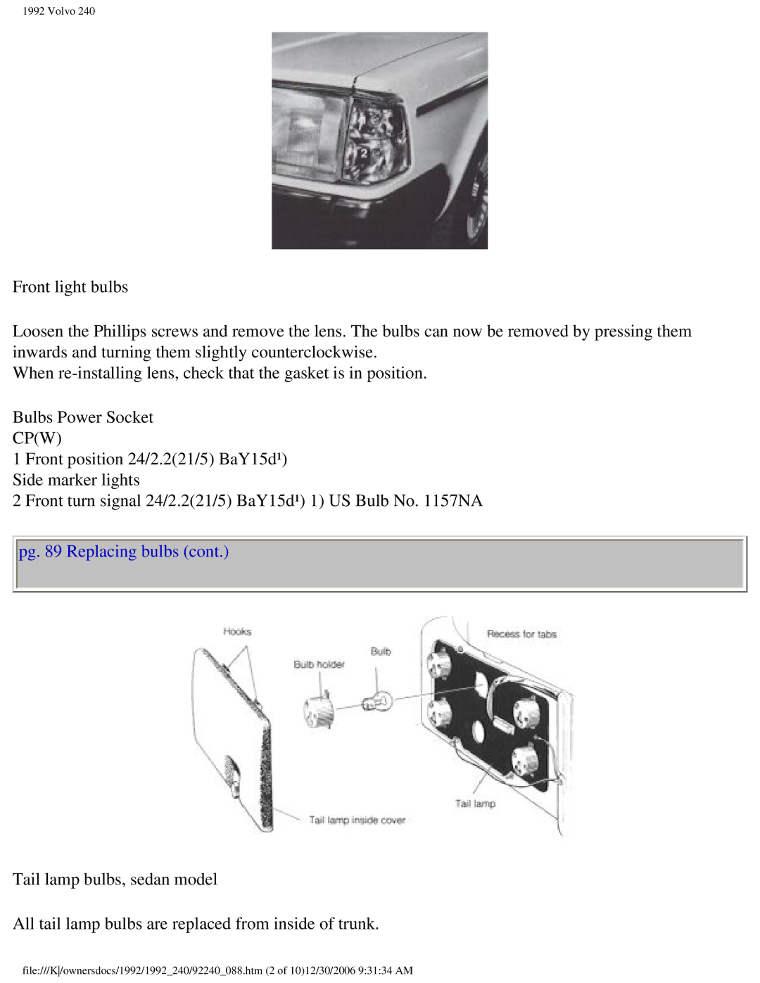 Volvo 1992 240 owner manual Pg Replacing bulbs 