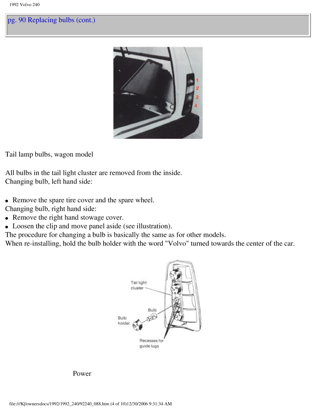 Volvo 1992 240 owner manual Pg Replacing bulbs 