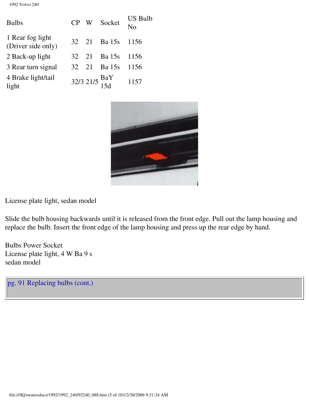 Volvo 1992 240 owner manual Pg Replacing bulbs 