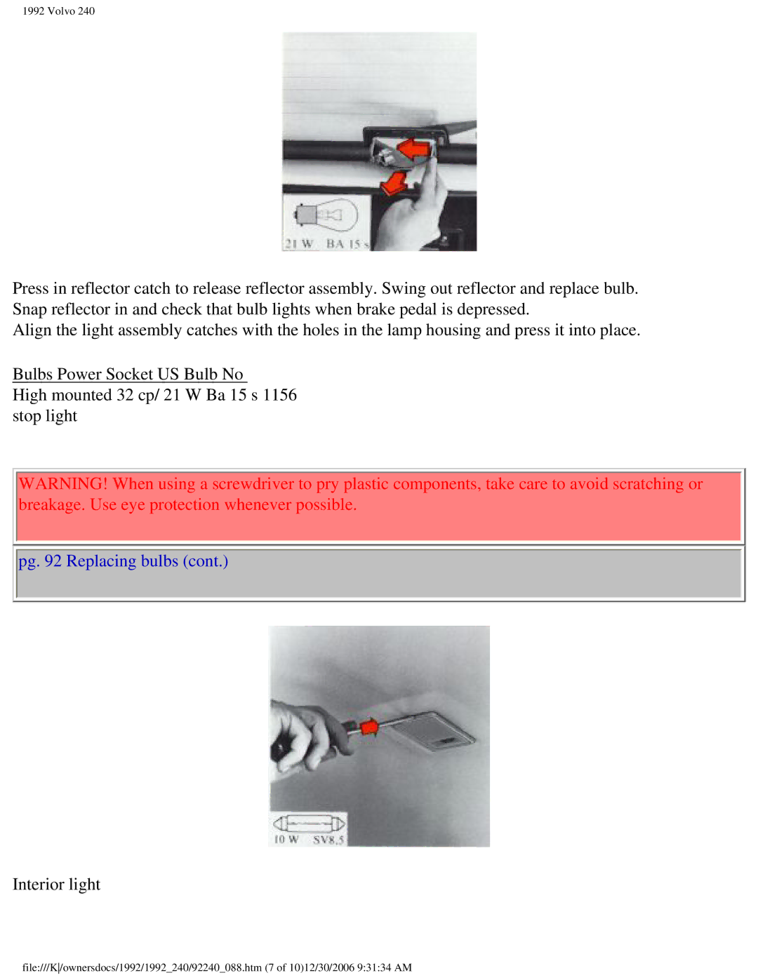 Volvo 1992 240 owner manual Interior light 