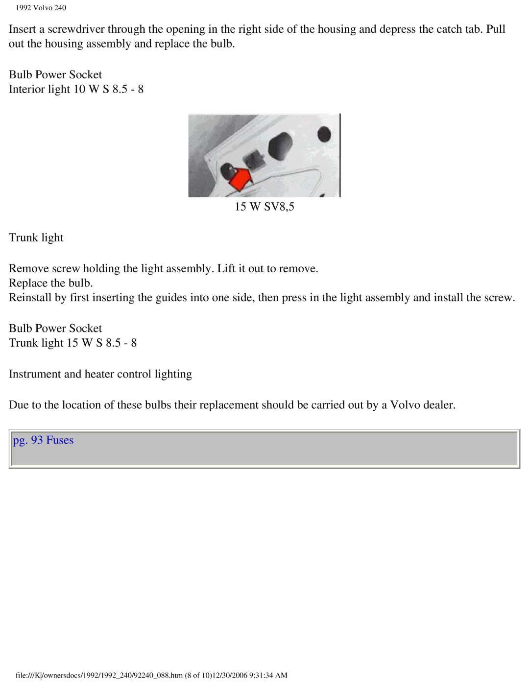 Volvo 1992 240 owner manual Pg Fuses 