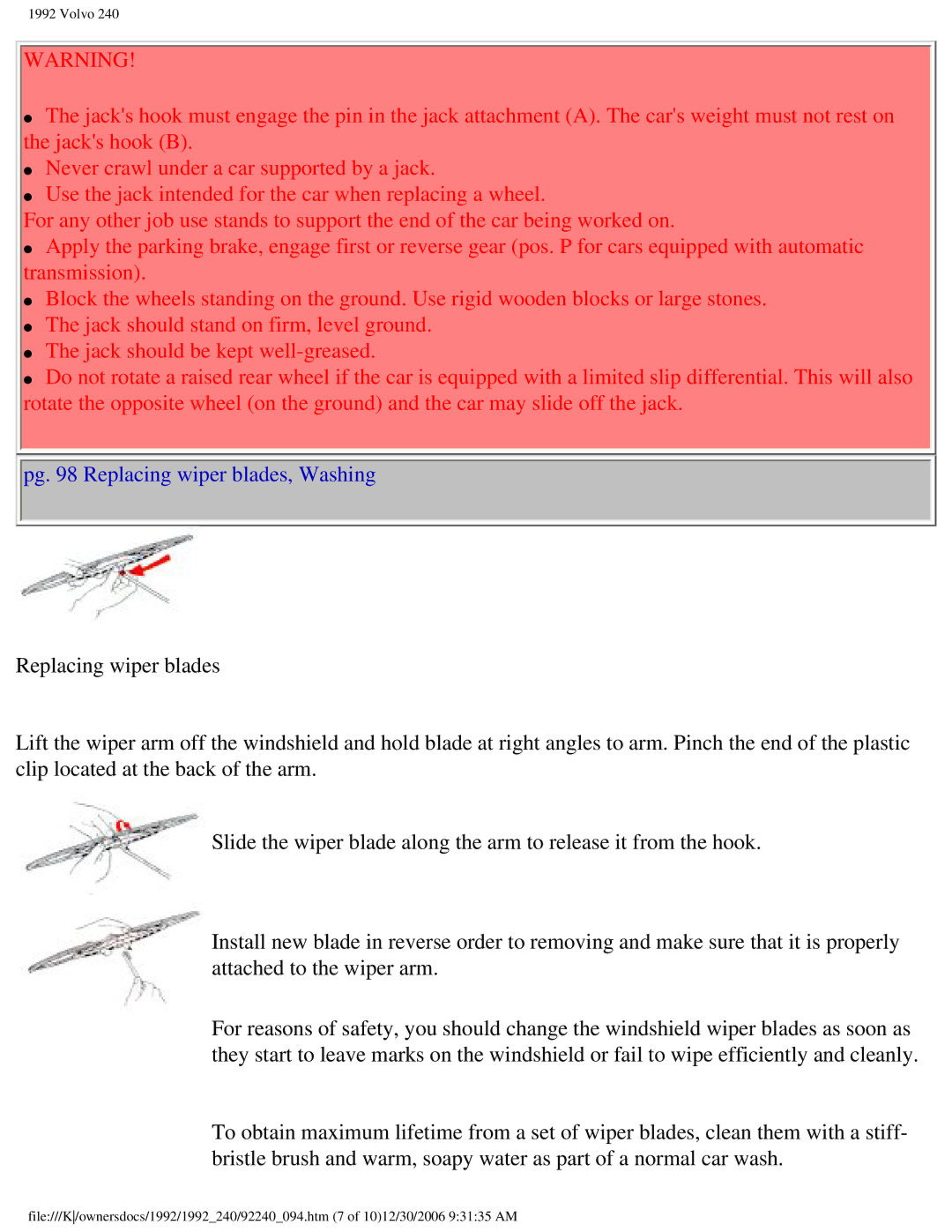 Volvo 1992 240 owner manual Pg Replacing wiper blades, Washing 