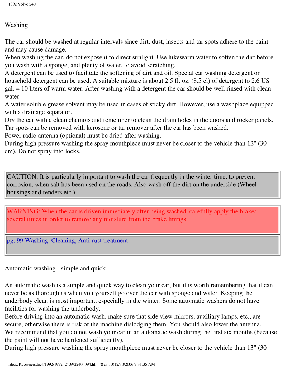 Volvo 1992 240 owner manual Pg Washing, Cleaning, Anti-rust treatment 