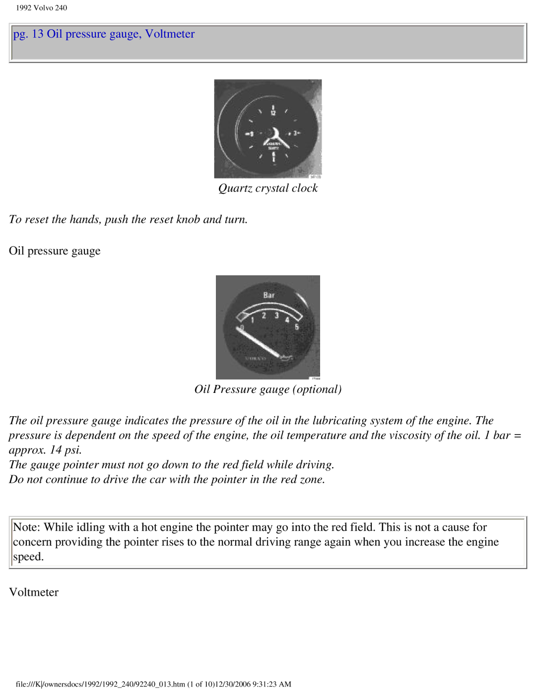 Volvo 1992 240 owner manual Pg Oil pressure gauge, Voltmeter 