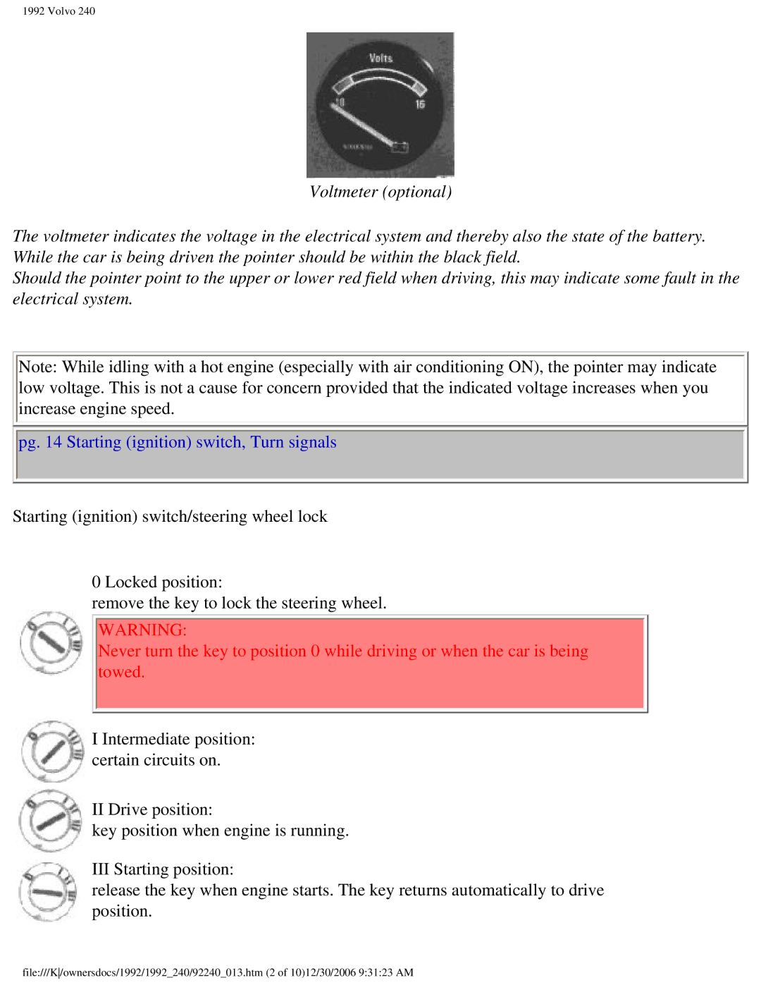 Volvo 1992 240 owner manual Pg Starting ignition switch, Turn signals 