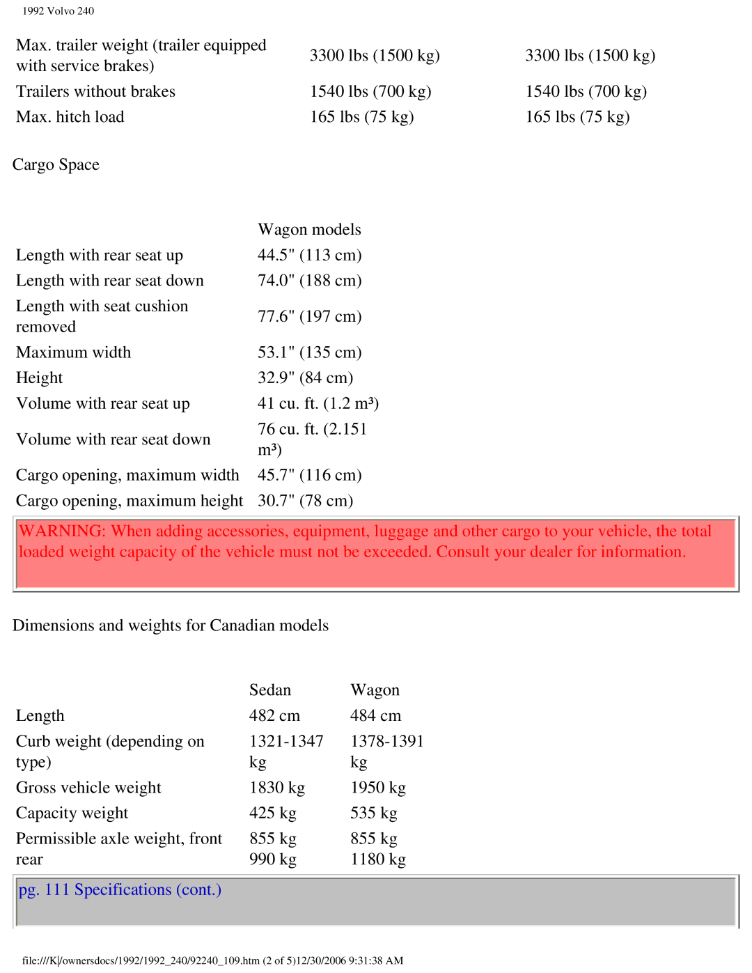 Volvo 1992 240 owner manual Pg Specifications 