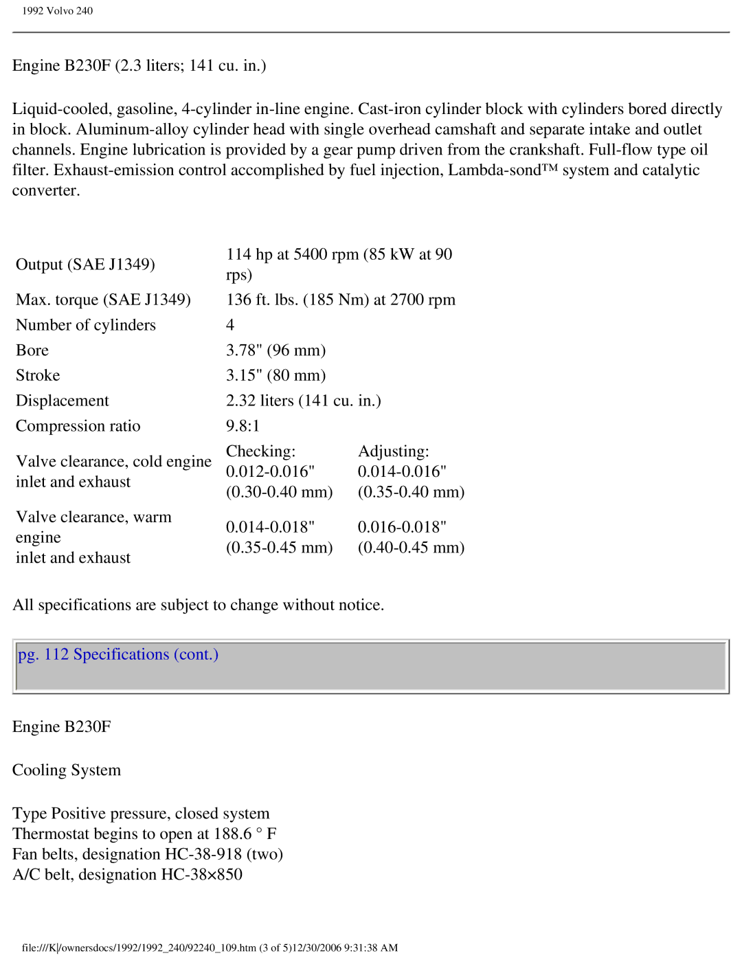 Volvo 1992 240 owner manual Pg Specifications 