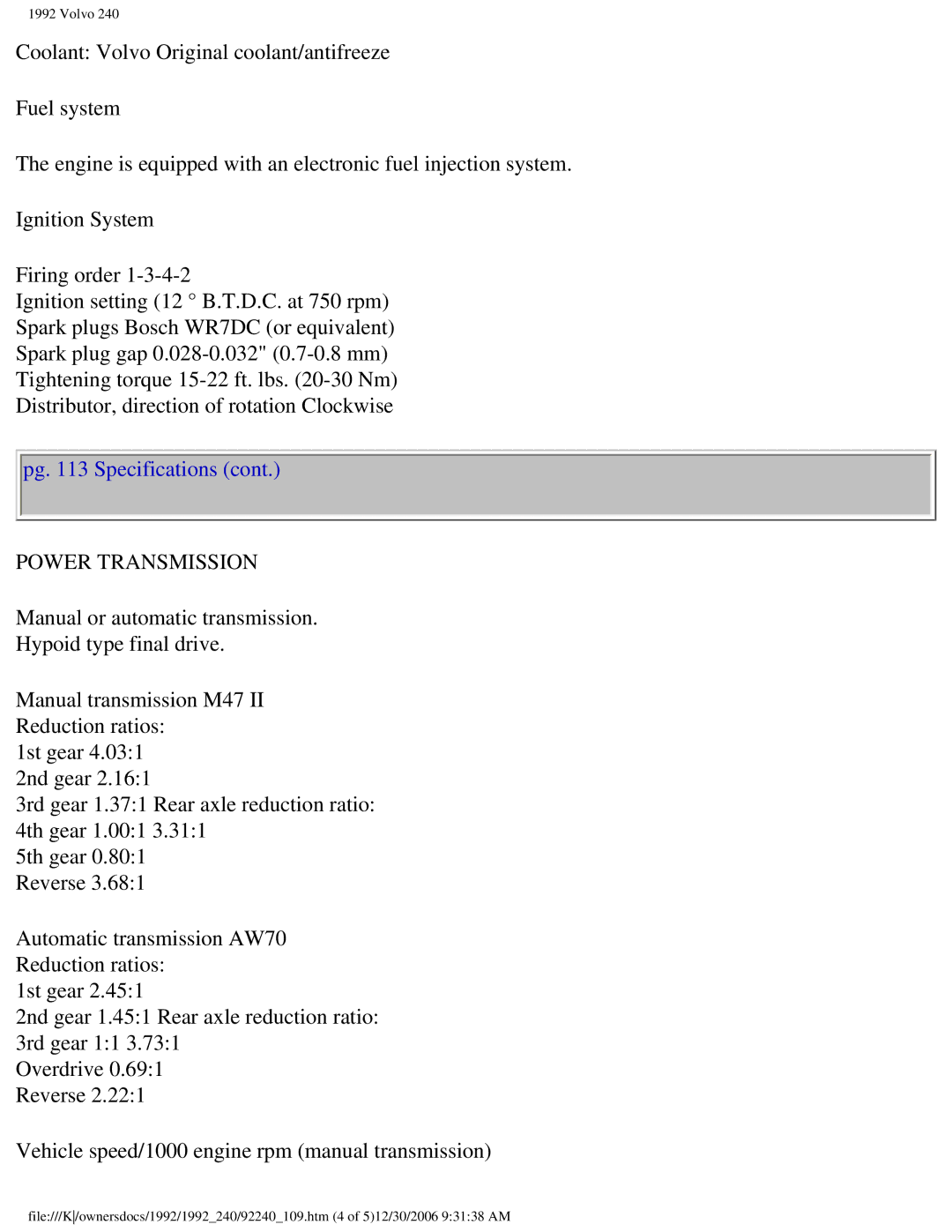 Volvo 1992 240 owner manual Power Transmission 