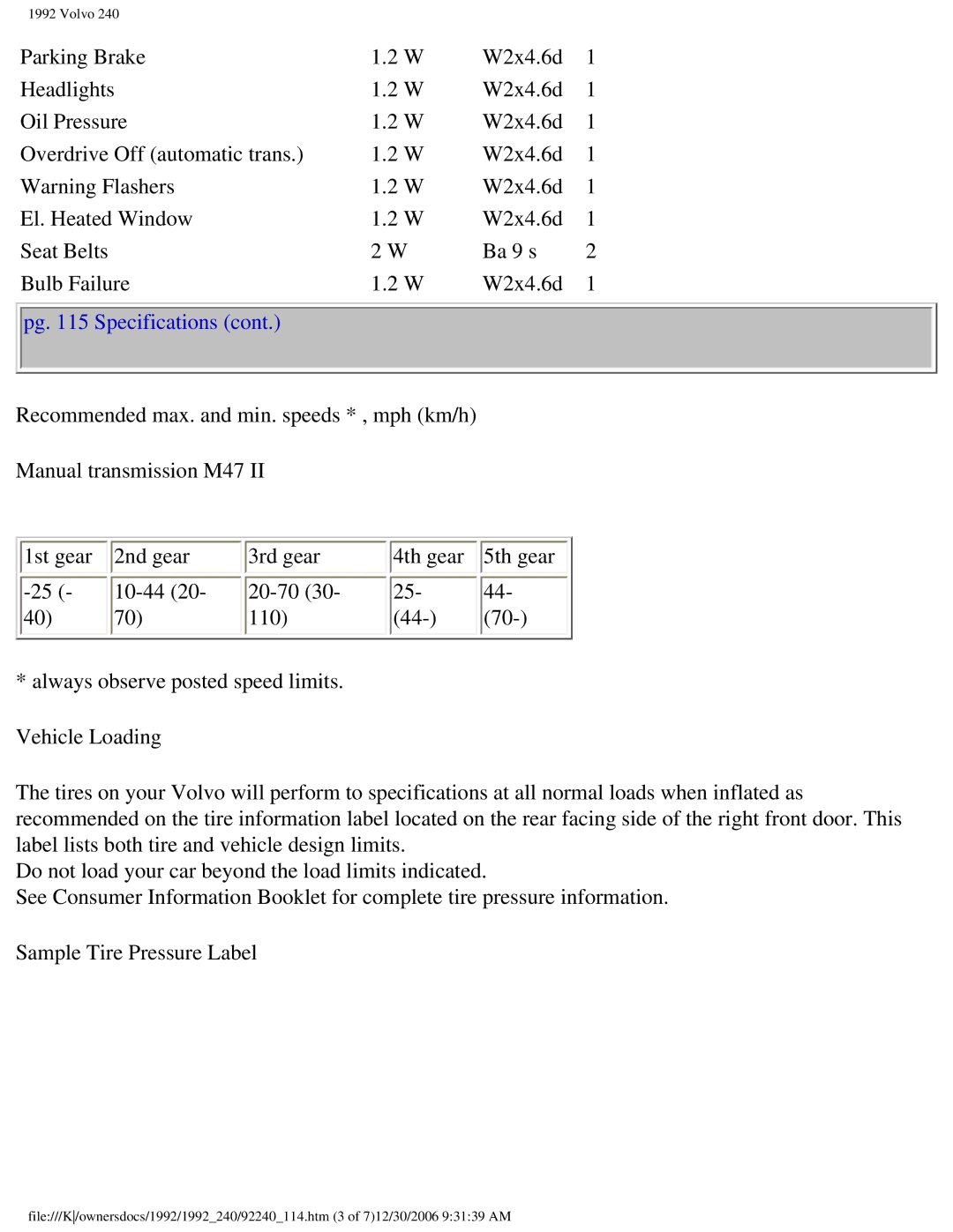 Volvo 1992 240 owner manual Pg Specifications 