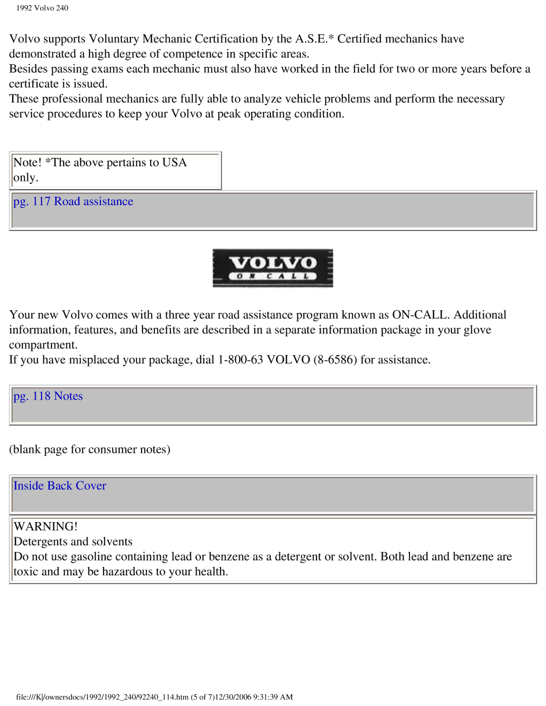 Volvo 1992 240 owner manual Pg Road assistance, Pg Notes, Inside Back Cover 