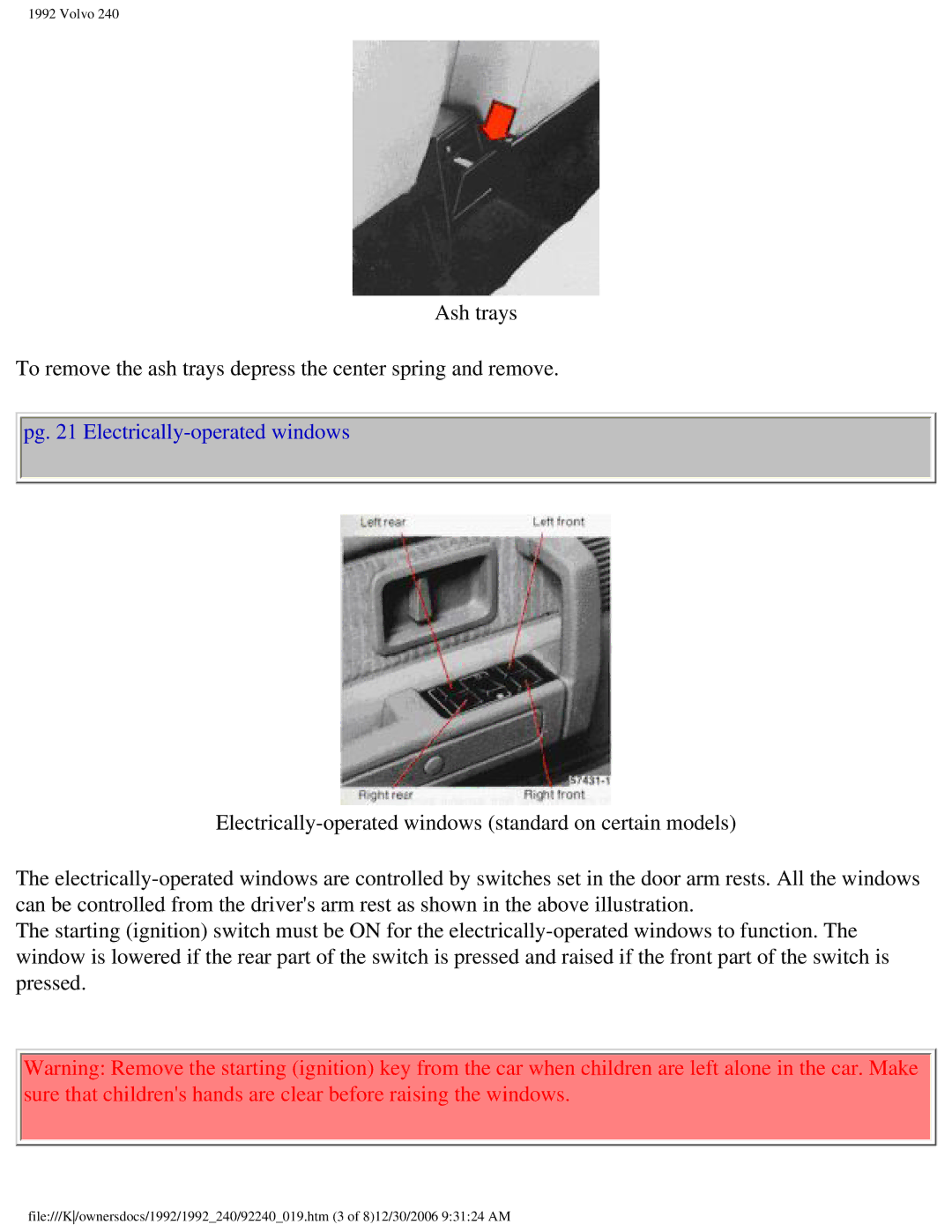 Volvo 1992 240 owner manual Pg Electrically-operated windows 