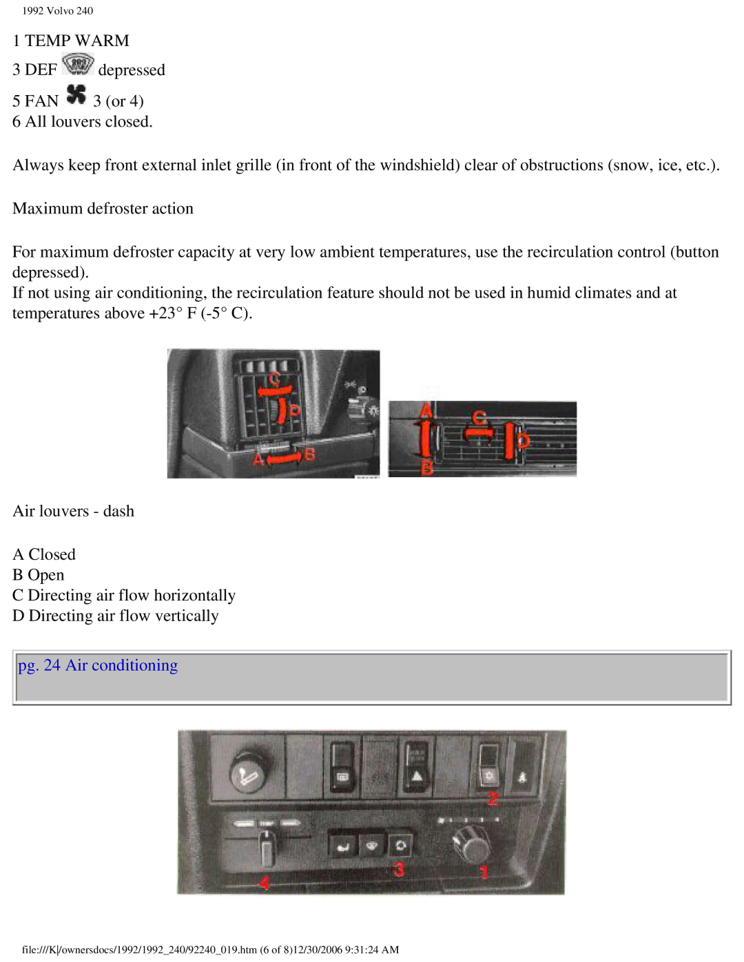 Volvo 1992 240 owner manual Pg Air conditioning 