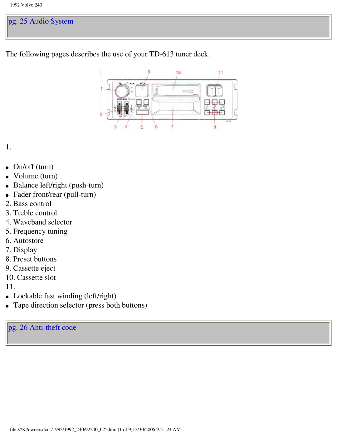 Volvo 1992 240 owner manual Pg Audio System, Pg Anti-theft code 