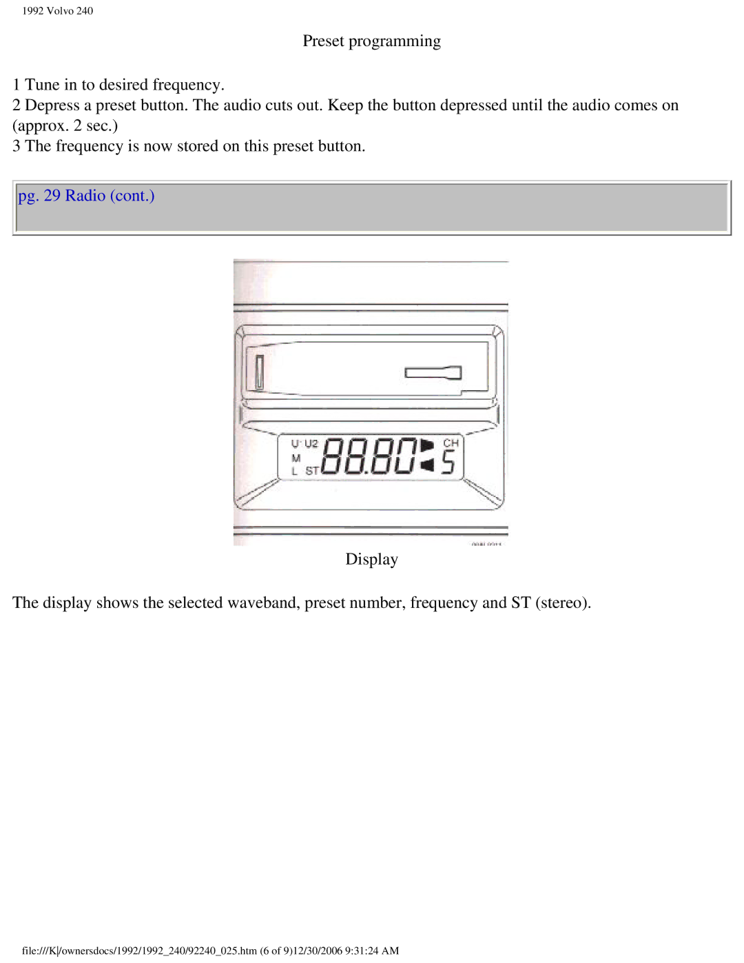 Volvo 1992 240 owner manual Pg Radio 