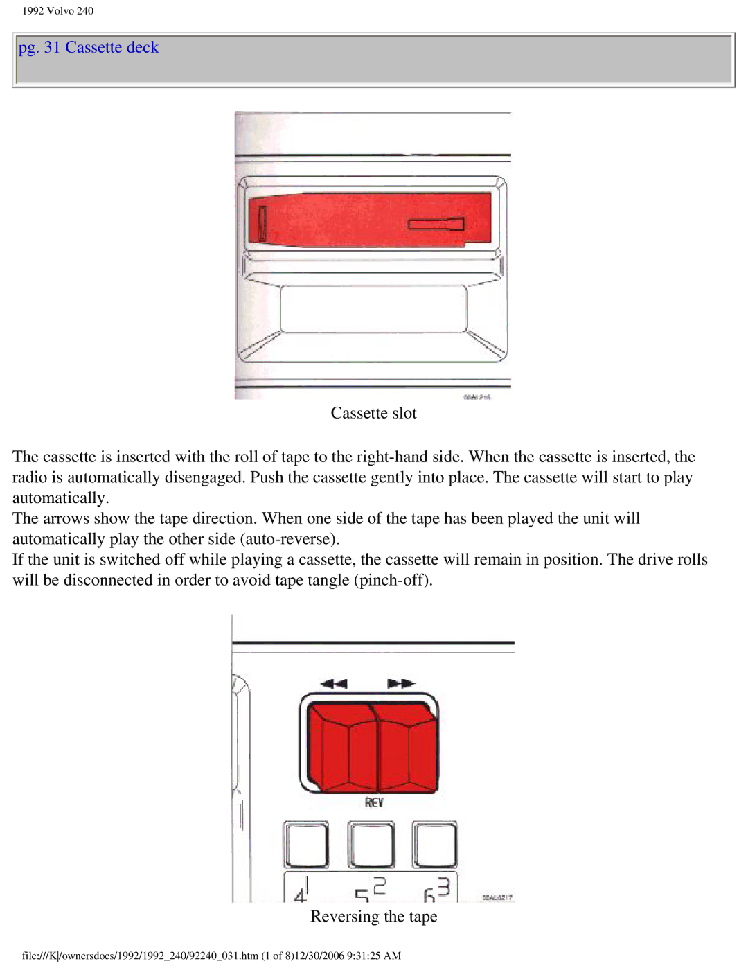 Volvo 1992 240 owner manual Pg Cassette deck 