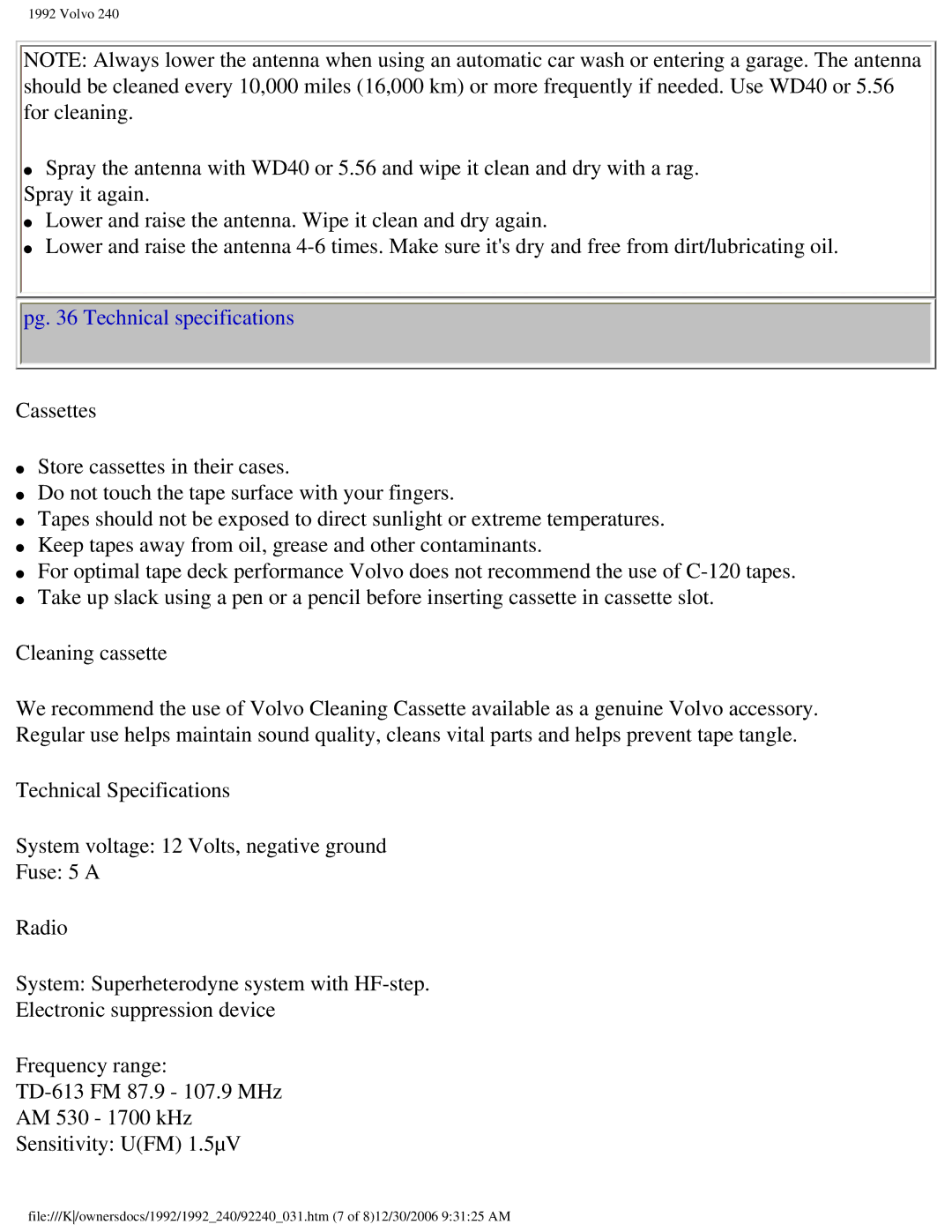 Volvo 1992 240 owner manual Pg Technical specifications 