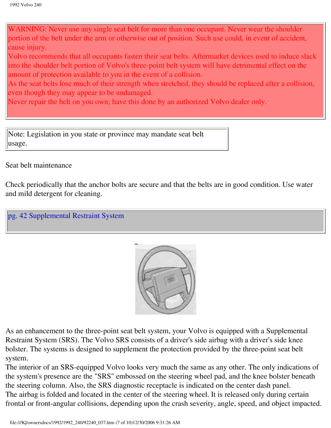 Volvo 1992 240 owner manual Pg Supplemental Restraint System 