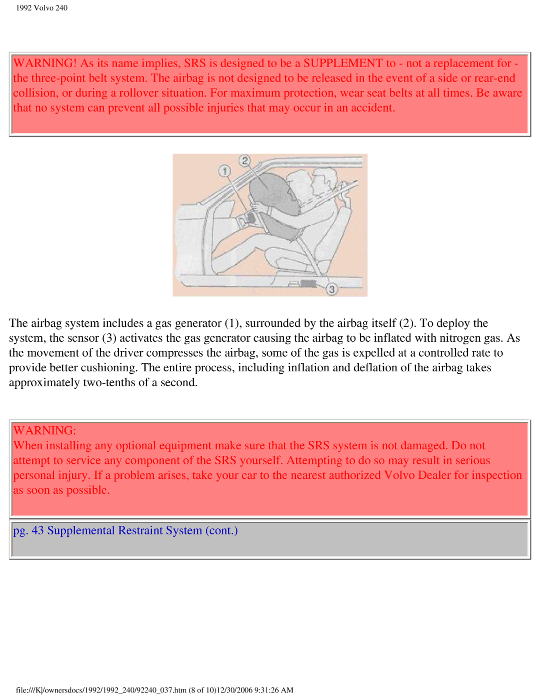 Volvo 1992 240 owner manual Pg Supplemental Restraint System 