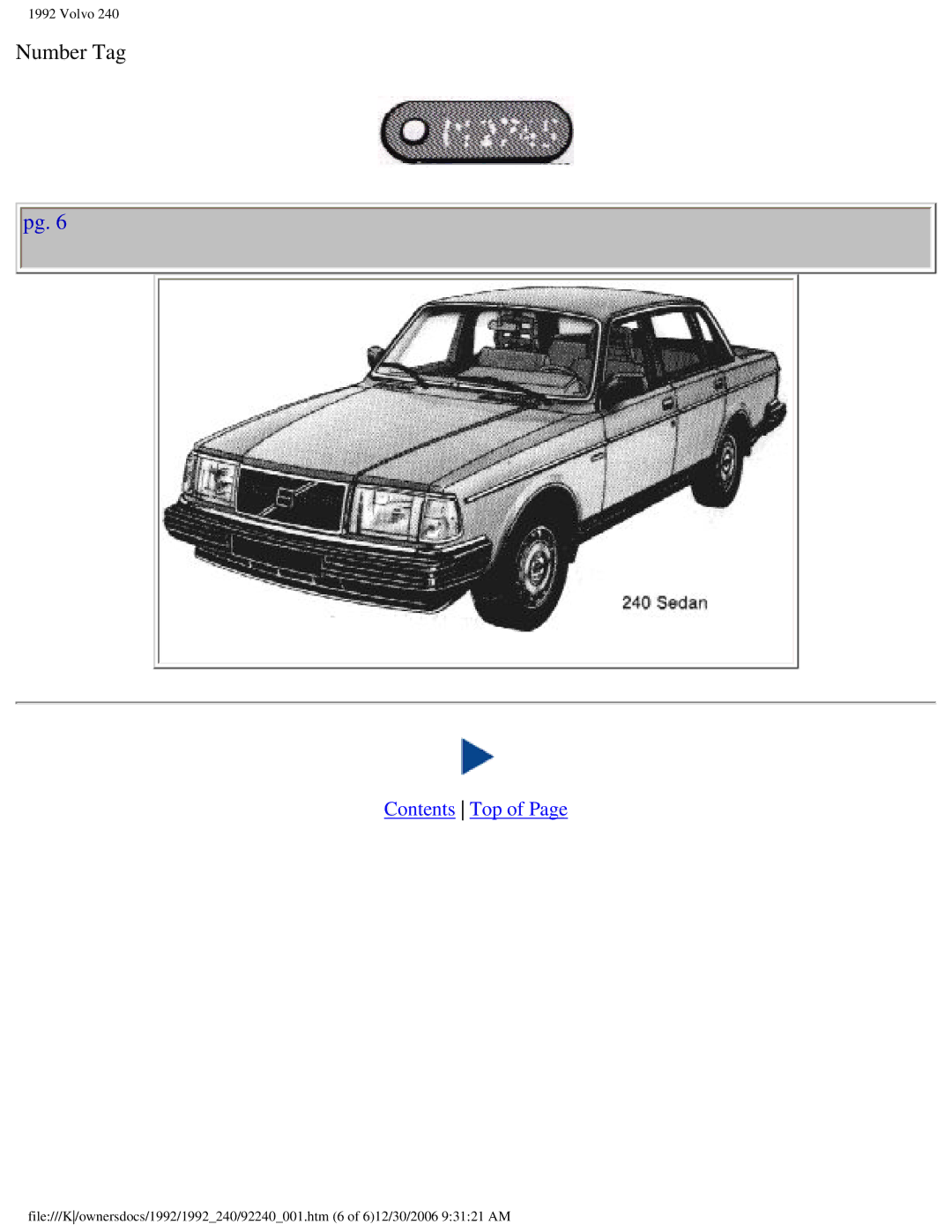 Volvo 1992 240 owner manual Number Tag 