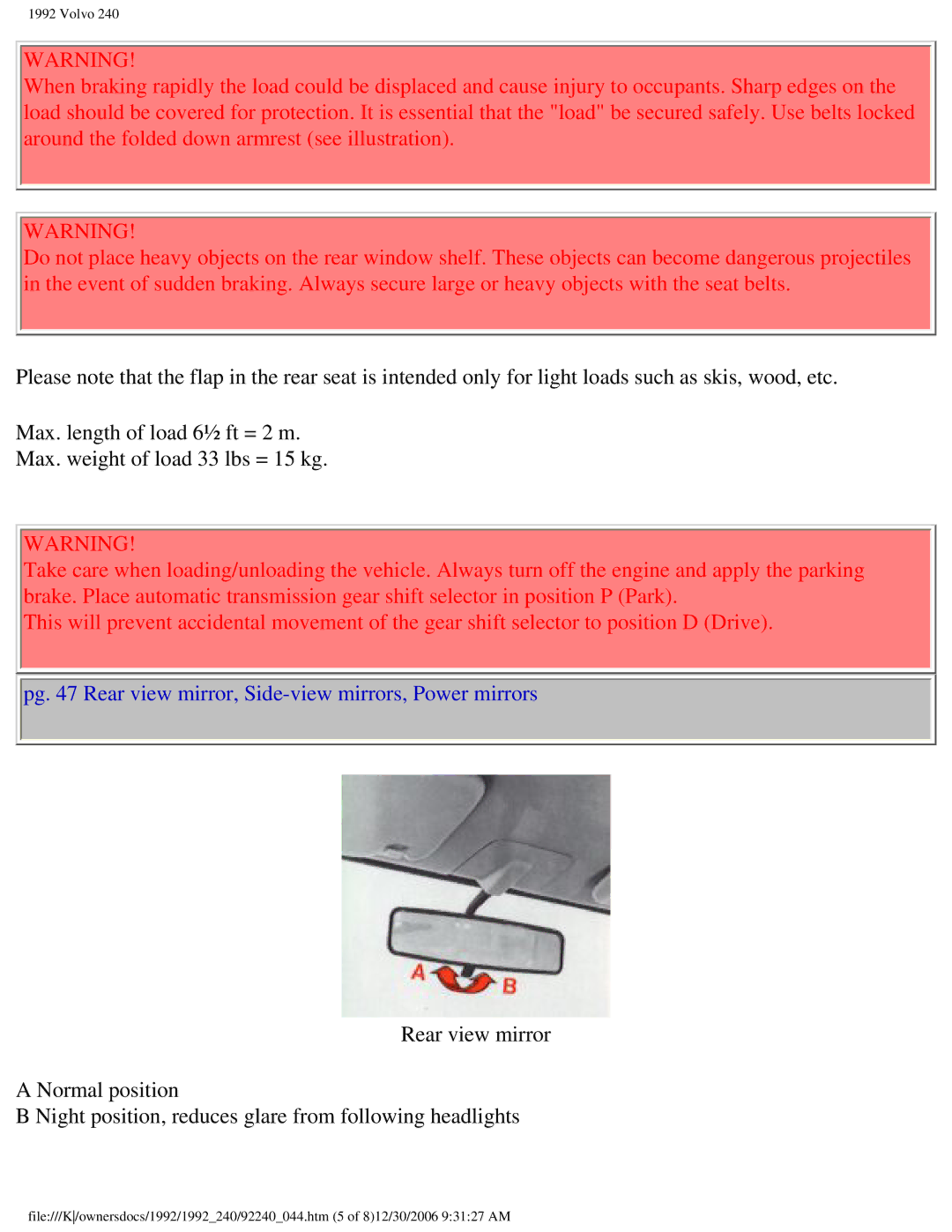 Volvo 1992 240 owner manual Pg Rear view mirror, Side-view mirrors, Power mirrors 