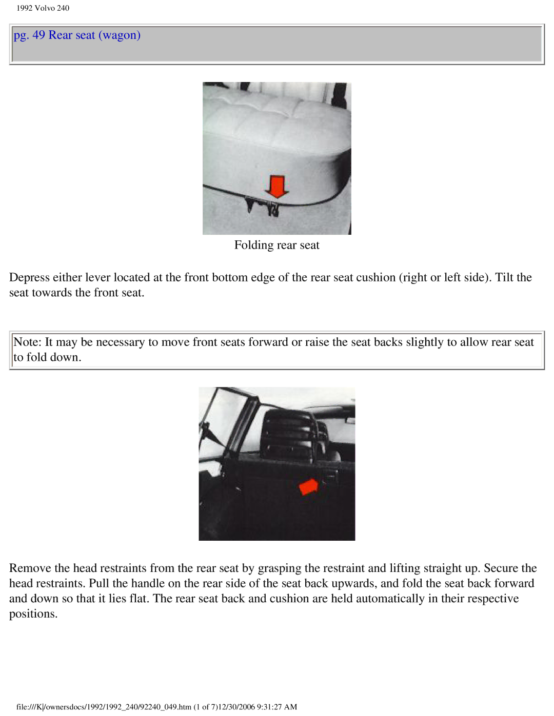 Volvo 1992 240 owner manual Pg Rear seat wagon 