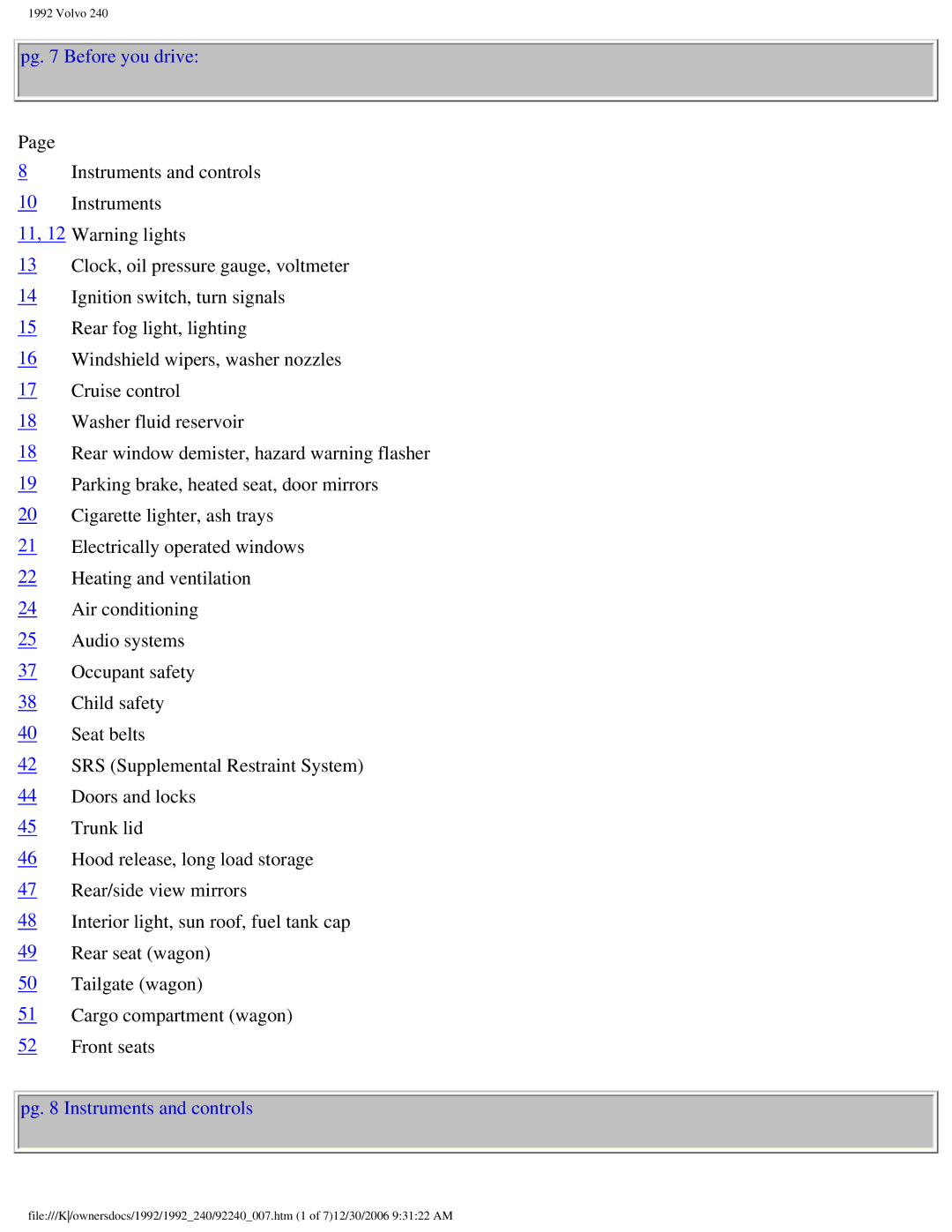 Volvo 1992 240 owner manual Pg Instruments and controls 