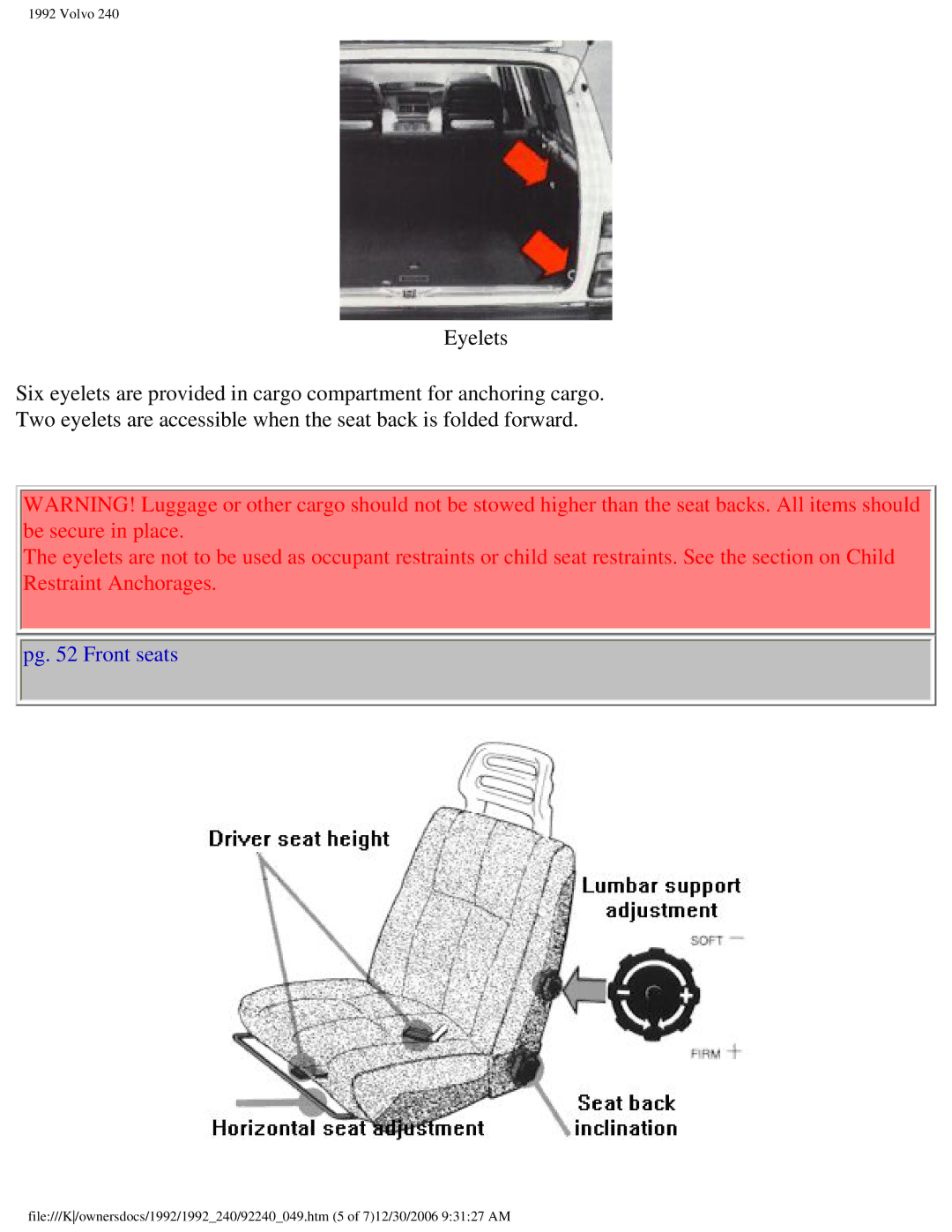 Volvo 1992 240 owner manual Pg Front seats 