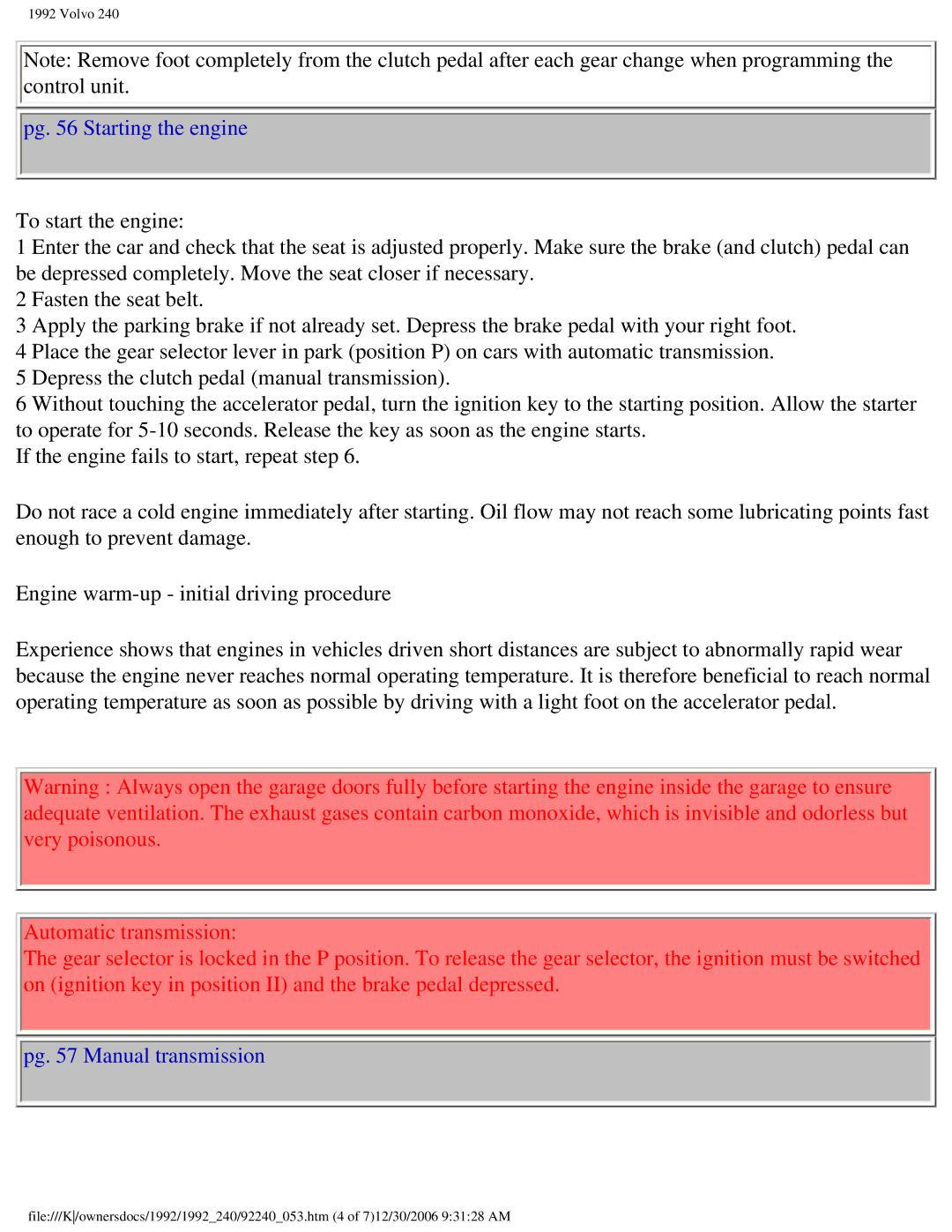 Volvo 1992 240 owner manual Pg Starting the engine, Pg Manual transmission 