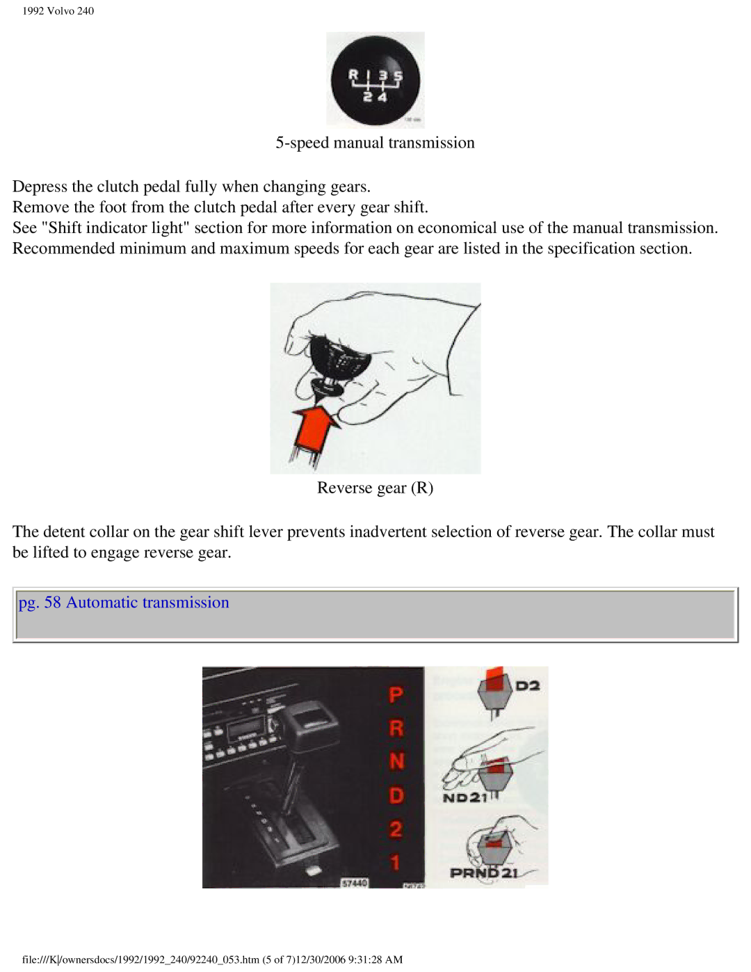 Volvo 1992 240 owner manual Pg Automatic transmission 