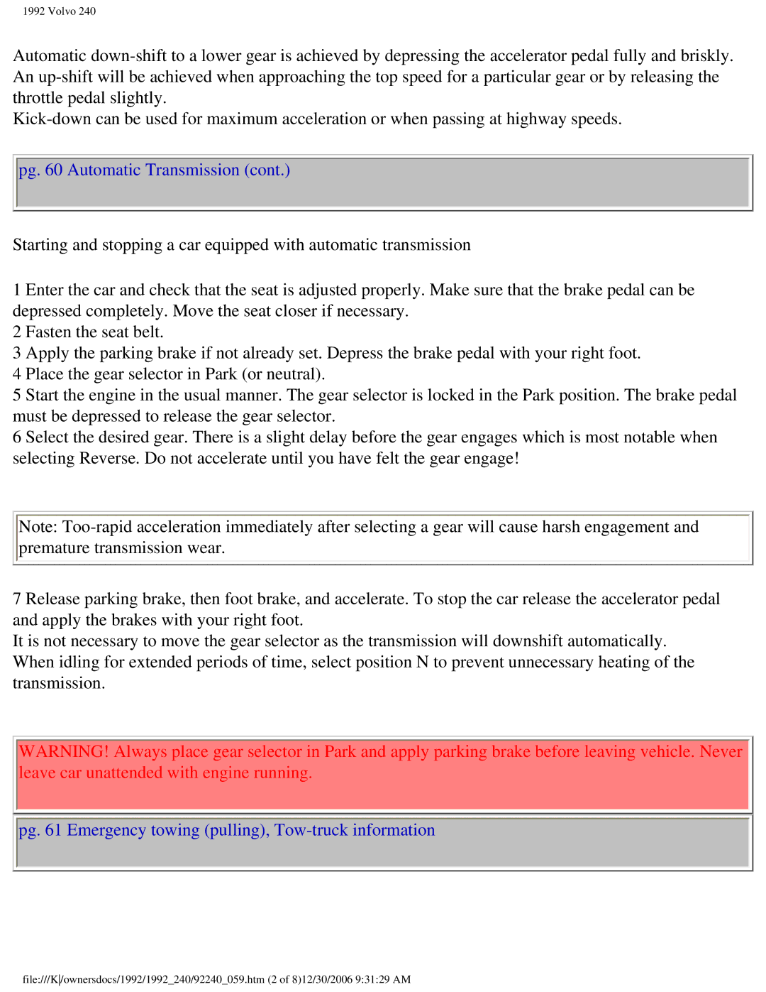 Volvo 1992 240 owner manual Pg Emergency towing pulling, Tow-truck information 