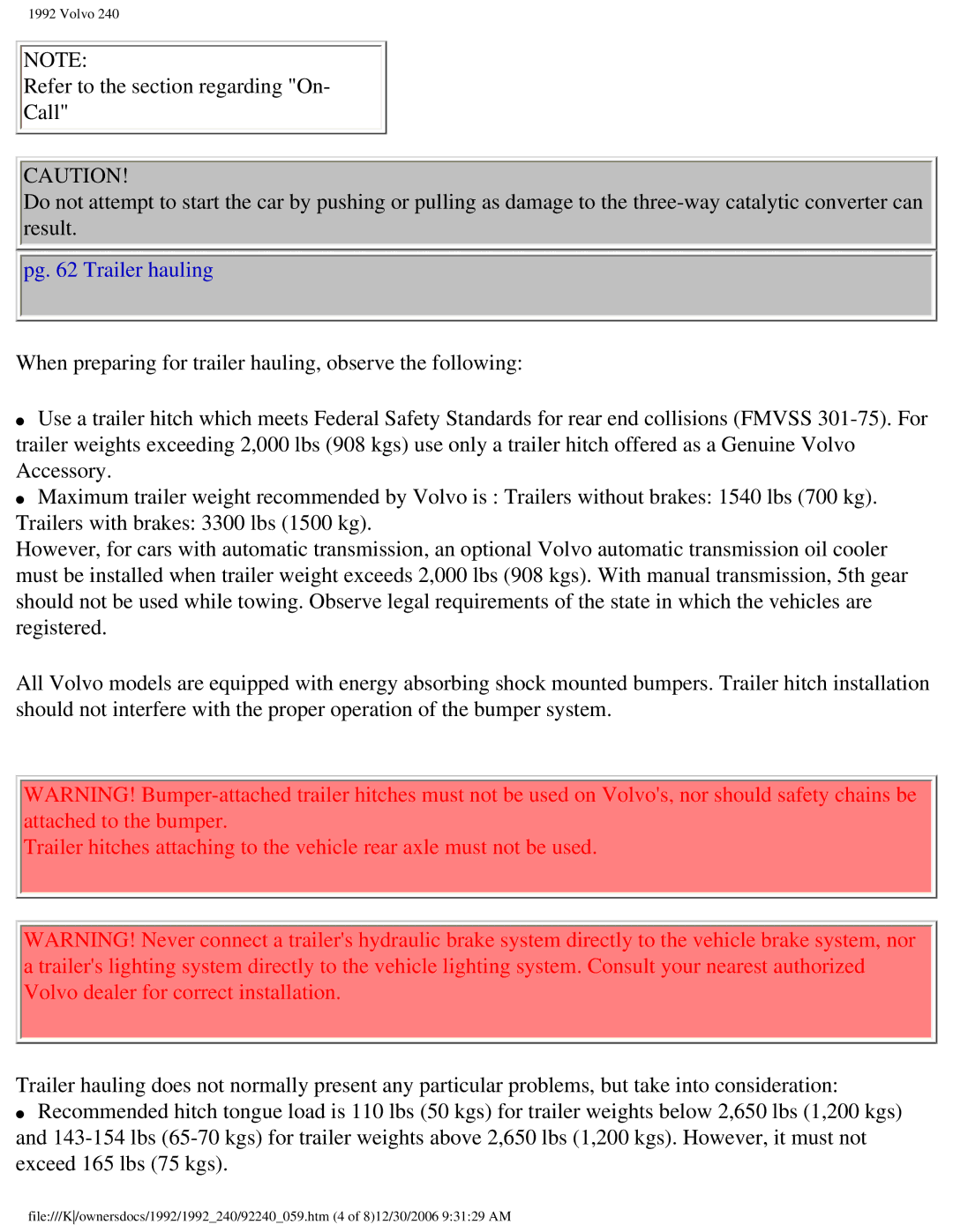 Volvo 1992 240 owner manual Pg Trailer hauling 