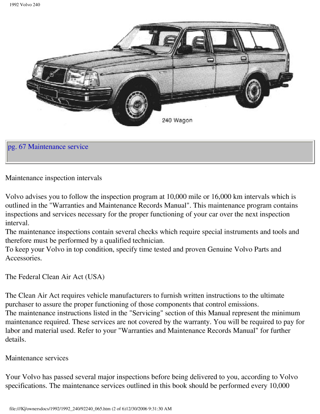 Volvo 1992 240 owner manual Pg Maintenance service 